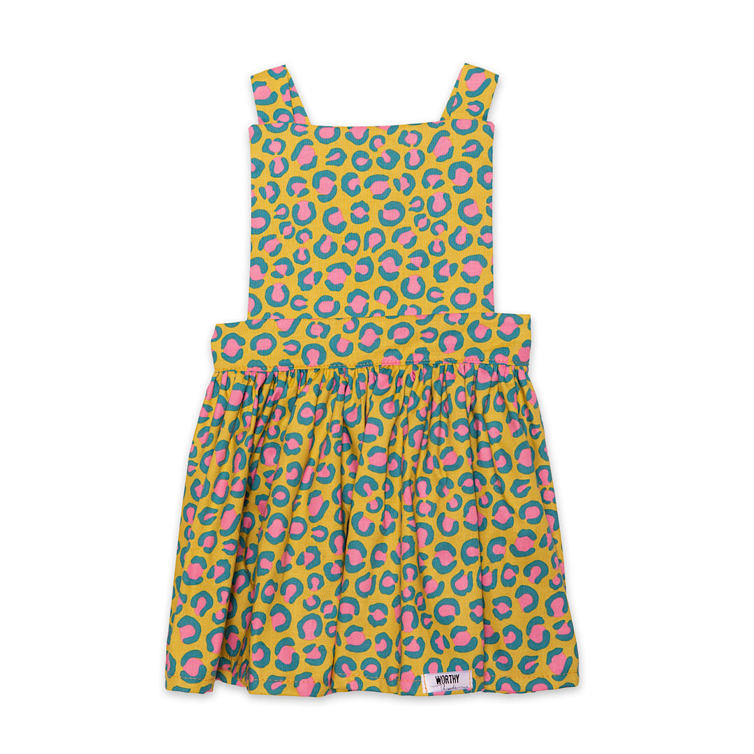 Girls pinafore dress in cheetah print, apron dress