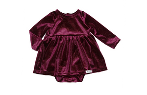 Christmas holiday bubble romper in burgundy velvet with glittery sparkles