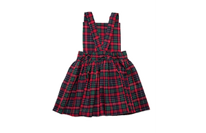 Holiday pinafore dress in tartan plaid, back view