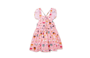 Girls ruffle dress in pink cakes, back view of birthday dress