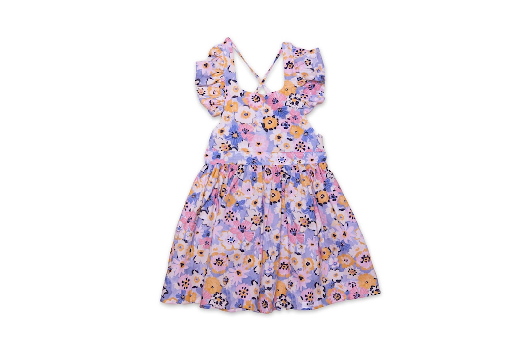 Girls ruffle sleeve dress in purple flowers