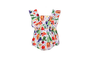 Baby bubble romper in veggies, back view