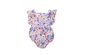 Baby bubble romper in purple flowers, ruffle sleeves