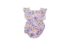 Baby bubble romper in purple flowers, back view