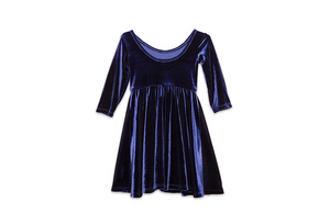 Girls twirly dress in navy stretch velvet, back view