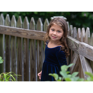 Toddler in girls twirly dress navy stretch velvet