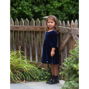 Girls twirly dress in navy stretch velvet