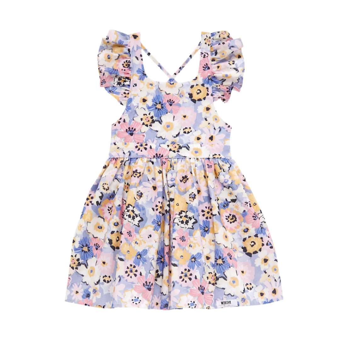 Girls ruffle sleeve dress in purple flowers