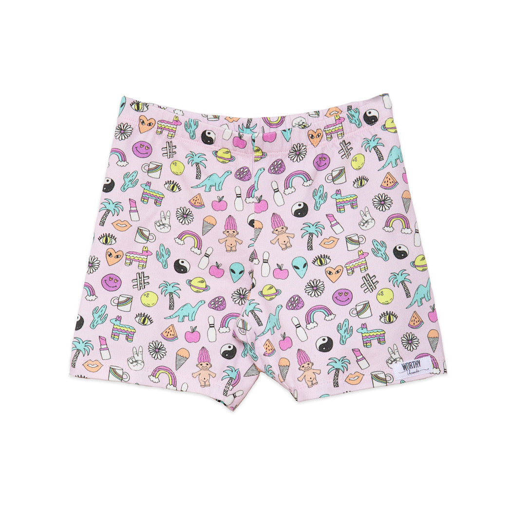Girls biker shorts in retro 90s toys print