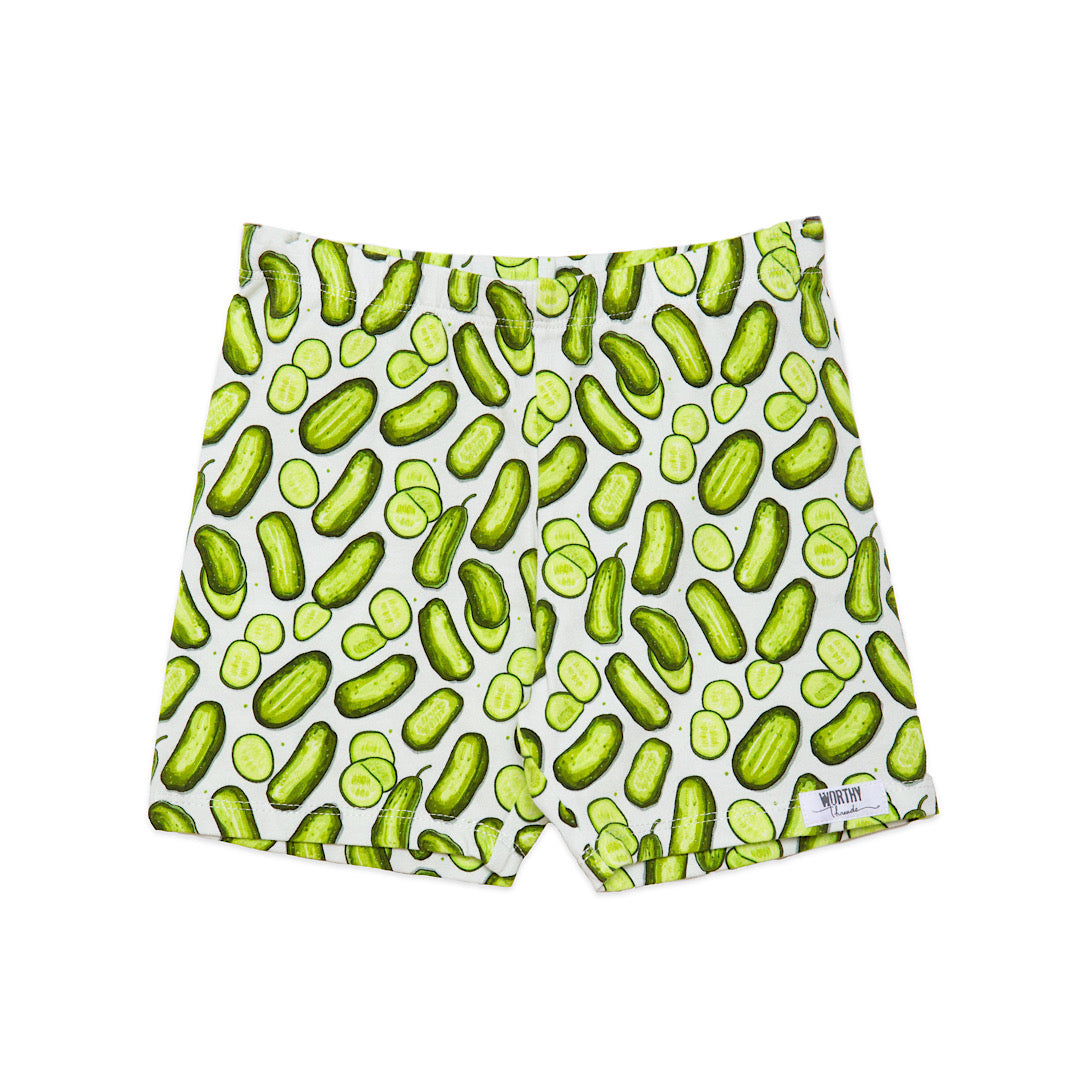 Girls biker shorts in Pickles print, funky green