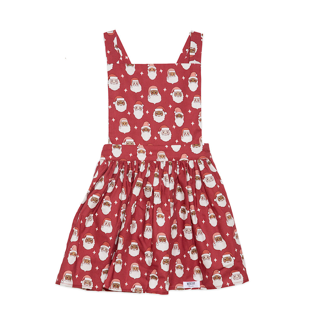 Girls christmas dress, pinafore style, red with santa faces
