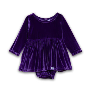 Baby bubble romper in eggplant purple stretch velvet