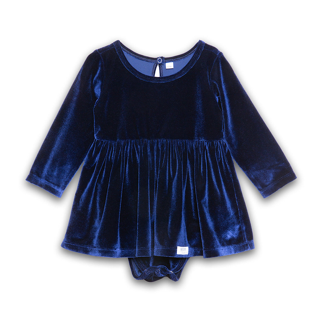 Baby bubble romper in navy stretch velvet