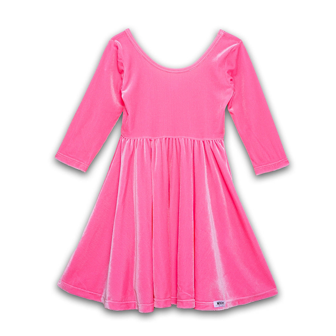 Girls stretch velvet twirly dress in pink candy
