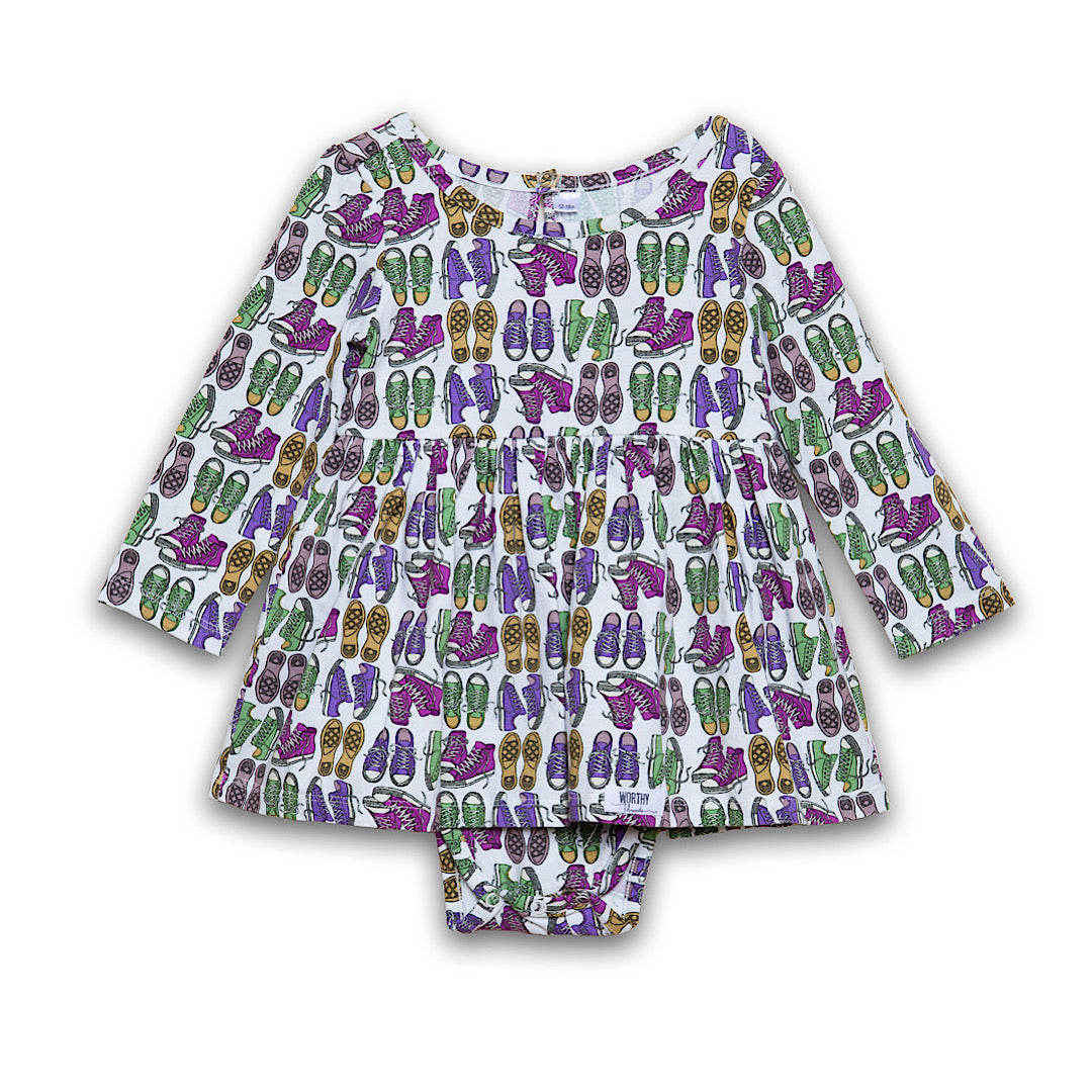 Baby bubble romper in funky sneakers print