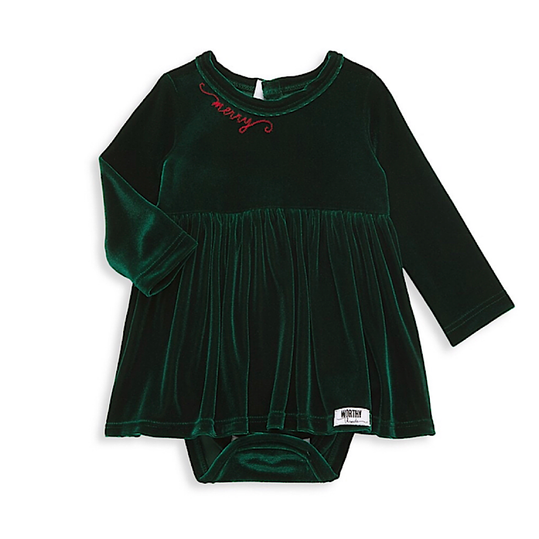 Baby toddler christmas outfit dress bubble romper in emerald green velvet with embroidery