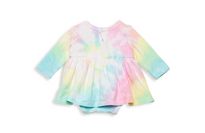 Long sleeve bubble romper in pastel tie dye, back view