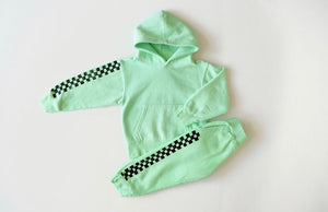 Kids matching loungewear set in green checkerboard: hoodie and joggers