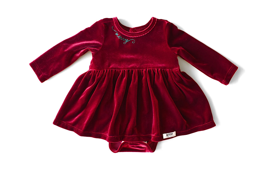 Baby toddler burgundy red stretch velvet long sleeve bubble romper dress with Christmas Holiday embroidery