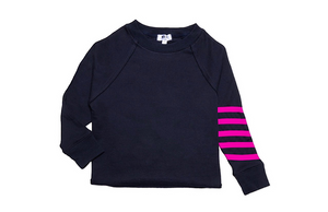 Kids navy cropped crew neck sweatshirt with magenta stripes