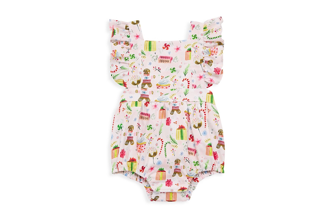 Christmas bubble romper in gingerbread fabric