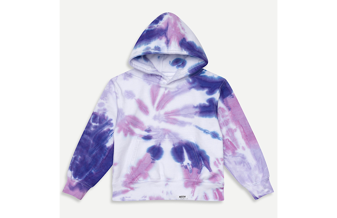 Kids tie dye hoodie in purple.  Unique tie dye loungewear by worthy threads