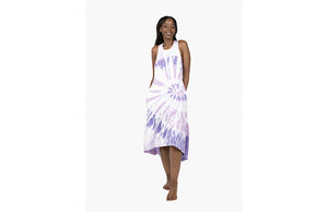 Model in purple tie dye tank dress with pockets