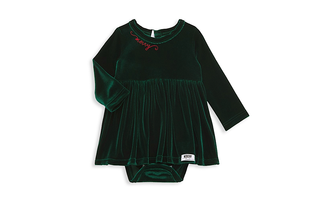 Christmas baby bubble romper: green velvet with Merry embroidered on neckline