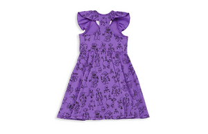 Ruffle sleeve racer back dress in purple robots, back view