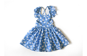 Ruffle sleeve dress in blue with ducks print