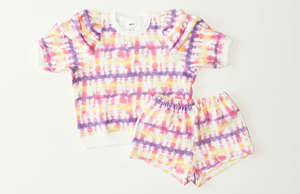 Matching adult loungewear set in tie dye print: puff sleeve crew and sweatshorts