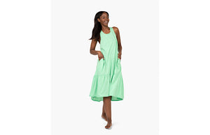 Model wearing green tank dress with pockets