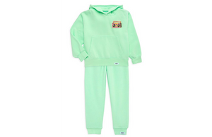 Kids matching green loungewear set with boombox patch