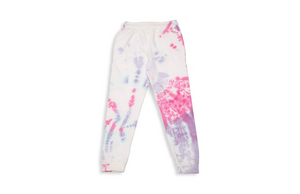 Kids tie dye joggers in pink purple, back view