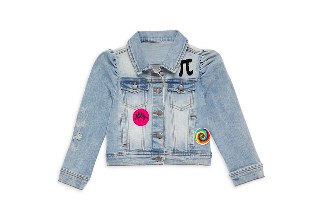 Kids puff sleeve denim jacket with patches, front view